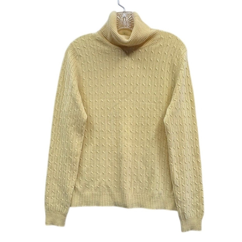 Sophia Milano Cable‎ Knit Butter Yellow Cashmere Turtleneck Sweater Classic XL